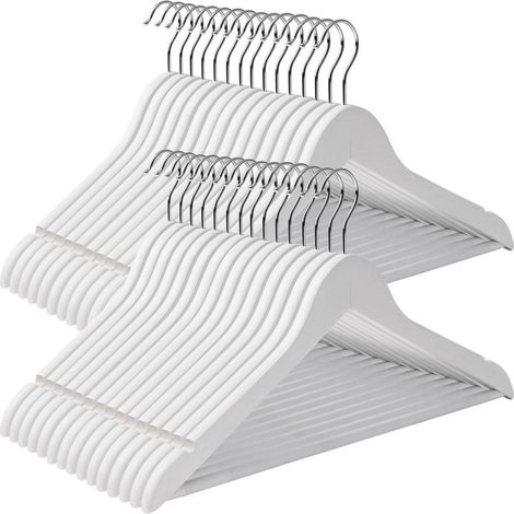 Set di 30 grucce in legno massello con barra antiscivolo, tacche, gancio girevole per cappotti, abiti, pantaloni, gonne, bianco 120003064