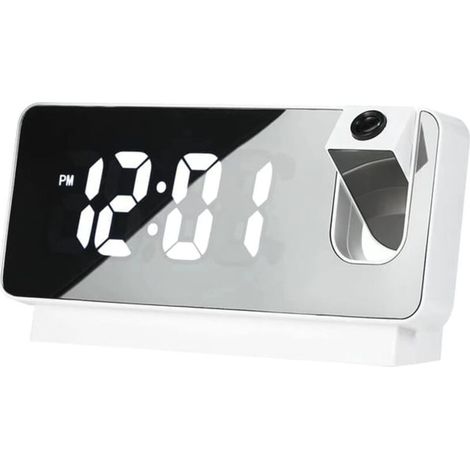 Spiegelwecker mit 180°-Projektion [Kunststoff, 18,6 x 9,4 cm, Schwarz/Weiß] Doppelalarm, USB-Anschluss, Notstromversorgung, Temperatur-/Luftfeuchtigkeitsanzeige