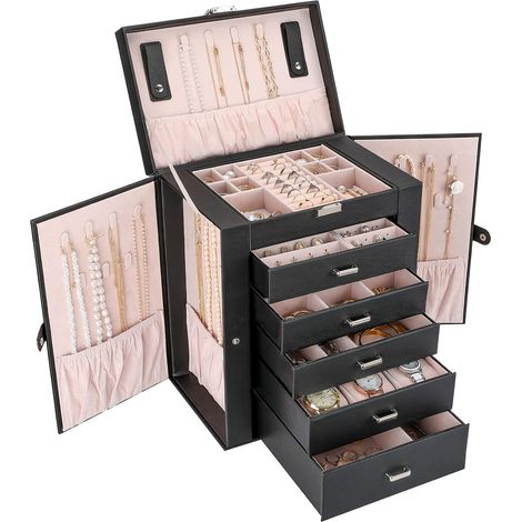 Boîte à Bijoux 6 Compartiments, Coffret à Bijoux Cuir Gainé, Sans Perdre ou Abîmer les Bijoux, Cadeau Noël Anniversaire Fête de Mère-Noir (1/5)