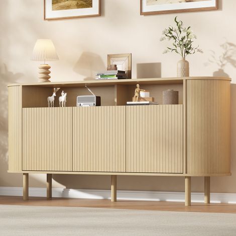 Buffet bas 160 cm, commode de salon salle à manger entrée meuble TV, en bois de particules, avec pieds massifs 3 portes ondulées cannelées, Bois (1/5)