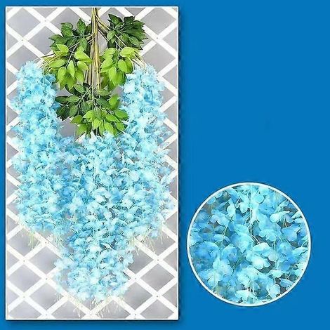 Guirlande de 12 fleurs artificielles de glycine à suspendre, en rotin, pour la décoration de la maison, du jardin et des mariages.bleu (1/5)