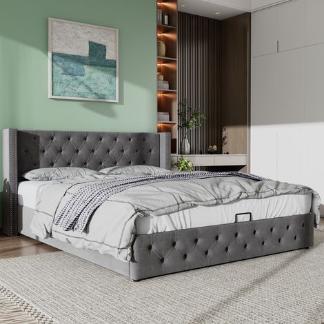 King size Ottoman beds, Upholstered bed, with hydraulic lever, functional bed from storage, 150 x 200 cm, without mattress, velvet, grey