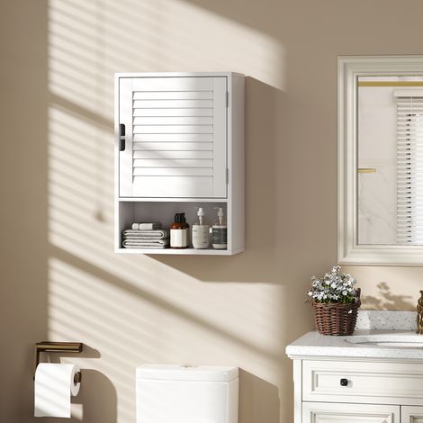 Armoire murale de salle de bain avec porte à lattes. étagère réglable et compartiment ouvert. 40x20x60cm. blanc (1/5)