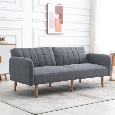 Divano letto, divano a 2 posti in tessuto, divano con funzione letto, poliestere effetto lino, legno di caucciù, 173 x 75 x 73 cm, grigio (1/5)