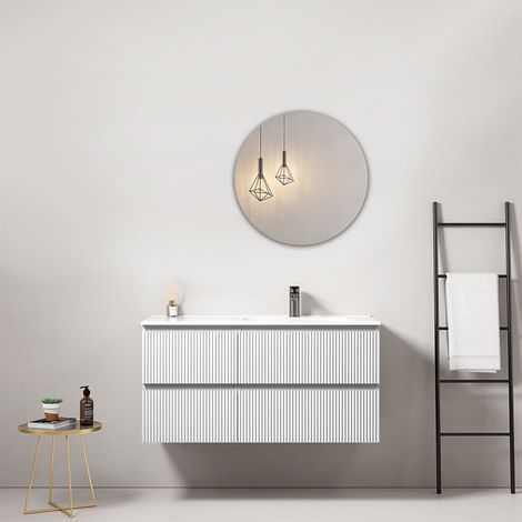 Mobile bagno sospeso cannettato 100 cm Bianco Lavabo a Destra in Ceramica Specchio Tondo - Fiji Paint