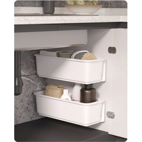 Küchenschrank-Korborganizer, Kunststoff-Schubladenschubladen, Unterspülbecken-Organizer, Schrankorganizer, Küchenschubladen, Badezimmerwaschbecken (Weiß) (1/5)