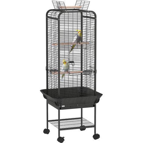 Cage pour perroquet avec roulettes, perchoirs, mangeoires, étagère et plateau amovible, 62,5 x 62,5 x 146 cm, gris foncé