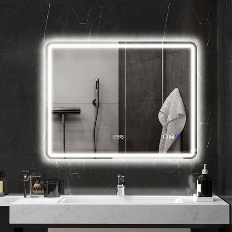 REDOM Miroir de salle de bain LED, Bluetooth avec musique et horloge, antibuée, fonction mémoire, verre argenté (1/5)