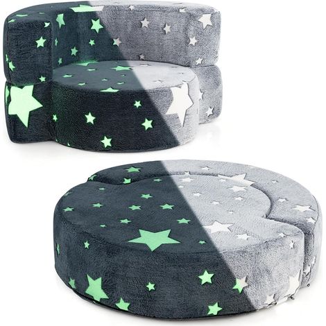 COSTWAY Divano Cuscino per Bambini Pieghevole 2 in 1, Poltrona Schienale Pieghevole per Bambini con Motivi Luminosi nel Buio, Divano Pieghevole per Camera da Letto e Soggiorno (Stella grigio) (1/5)