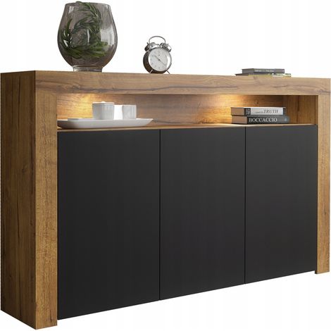 Buffet JIVE 145 cm bois et noir style industriel commode avec LEDS