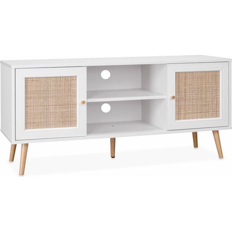 Meuble TV en cannage 120x39x56.5cm - Bohème - Blanc. 2 niveaux. 2 étagères. 2 portes. pieds scandinaves