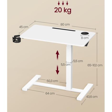 Bureau assis-debout mobile réglable hauteur 80 x 45 x 65 à 102 cm 2 porte-gobelets design épuré en acier blanc (1/2)