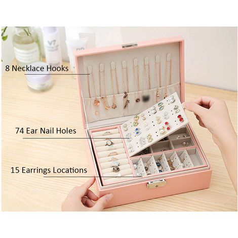 Boîte à bijoux multifonctionnelle en cuir PU, double compartiment, grande capacité, pour bagues, boucles d'oreilles et colliers. (1/3)