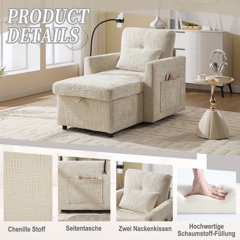 Canapé inclinable multifonctionnel en chenille avec support téléphone,adapté au salon,chambre et appartements compacts-Ou.