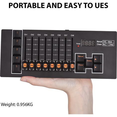 Contrôleur DMX 512 40 canaux pour éclairage DJ de scène, spectacles de lumière, discothèques et pubs. Panneau de commande avec mémoire en cas de coupure de courant. Rechargeable par USB-C. (1/2)