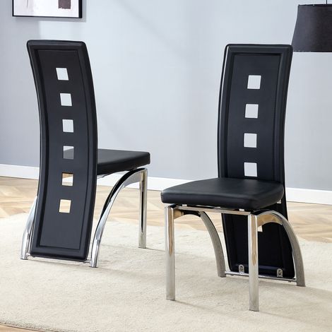 [Pack de 2] Fauteuils de table au style scandinave, dossier ajouré, simili cuir noir et piètement acier brossé, 102,5 cm, pour espace repas ou séjour contemporain. (1/5)