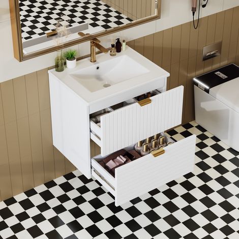 Meuble de Salle de Bain Suspendu 61 cm Blanc avec Vasque Céramique Intégrée, Meuble Sous Vasque en MDF Laqué, 2 Tiroirs Silencieux Striés - Blanc (1/5)