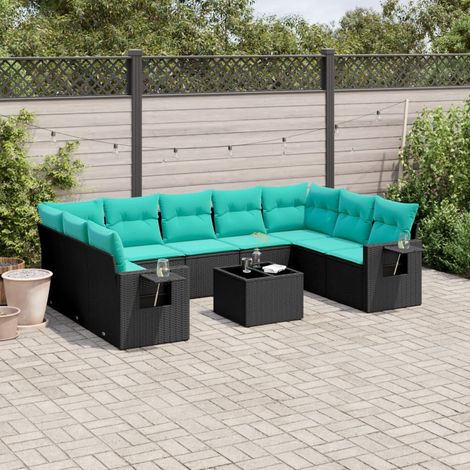 10-teiliges Gartensofa-Set mit Kissen, schwarzes Polyrattan (1/5)
