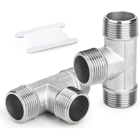 2 piezas de racor macho en forma de T de 3 vías de acero inoxidable 304 de 3/4" BSP para agua/aceite/gas