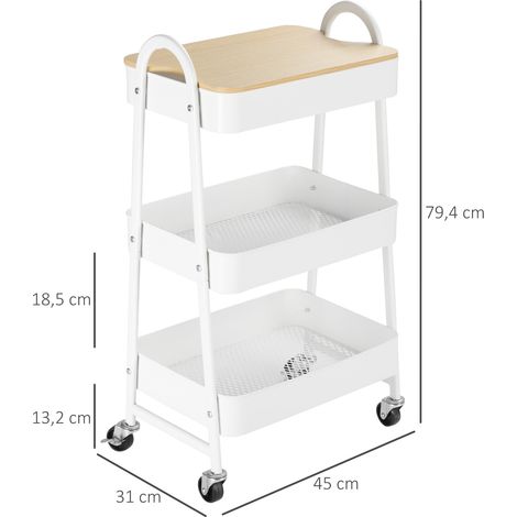 Chariot de cuisine en métal de 3 étages avec grand espace de rangement et couvercle pour cuisine et bureau,acier blanc 45x31x79,4cm