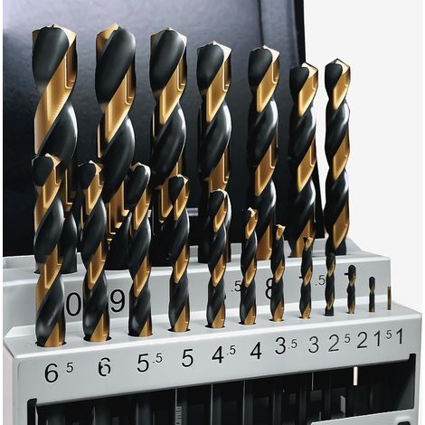Jeu de 19 forets HSS en carbure, coupe multi-pointes, finition noir-or, ensemble de forets métalliques avec boîte d’index, pour métal dur, fonte et bois-plastique (1,0 mm - 10,0 mm) (1/5)