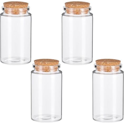 4 mini botellas de vidrio transparente con corcho，de 100 ml，botes para especias，botellas decorativas，especias de cocina