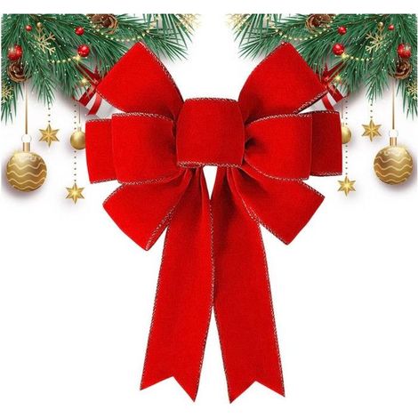 Nœuds pour sapin de Noël, bordure dorée scintillante, rouges, pour intérieur, extérieur, mur, cheminée, couronne. (1/5)