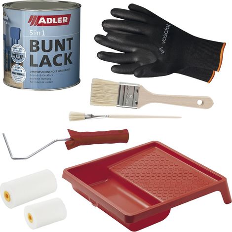 Adler 5in1 Buntlack, Grundlack - ideal als Möbelfarbe und Heizkörperlack verwendbar mit 2x Pinsel + Lackroller Set mit Farbwanne, RAL6005 Moosgrün 375ml (1/4)