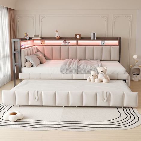 Lit gigogne 90x200cm - avec LED, rangements en tête et en pied de lit - Équipé de ports USB et Type-C - tissu velours beige (1/5)