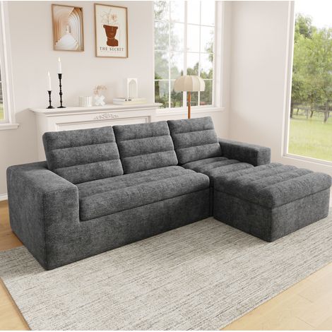 Sofá modular 253 x 161 x 89 cm gris claro de chenilla con puf y configuración flexible (1/5)