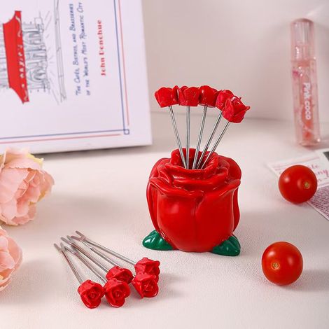 10 Fourchettes à Fruits Rouges en Forme de Rose avec Base, Jeu de Fourchettes à Gâteau en Acier Inoxydable pour Fêtes, Mariages et Saint-Valentin (1/4)
