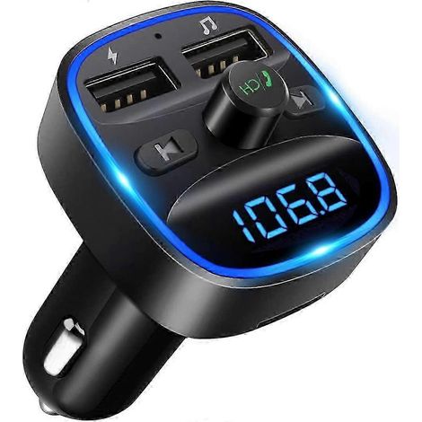 Émetteur FM Bluetooth, kit adaptateur radio sans fil pour lecteur MP3 Bluetooth, chargeur de voiture avec fonction mains libres et 2 ports USB. (1/5)