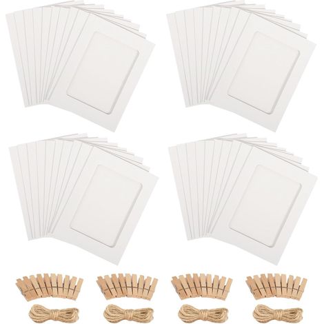 Guirlande Photo 40 Pièces Cadres Photo en Papier Petit Cadre Photo 10x15 cm Pele Mele Photo Mural avec 40 Pinces en Bois 4 Cordes Cadre Photo Carton pour Décoration Murale (Blanc) (1/5)