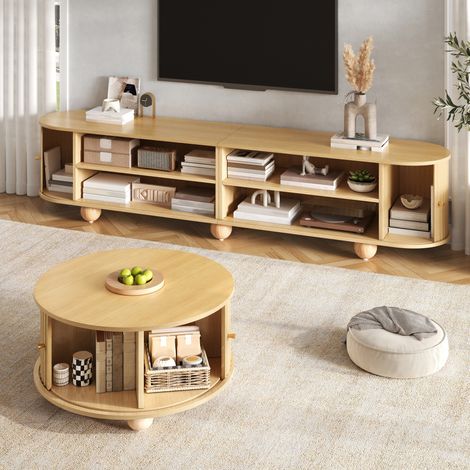 Ensemble table basse et meuble TV, table basse ronde avec meuble TV incurvé, structure verticale en relief, portes coulissantes, structure en MDF, poignées en métal, pieds sphériques en métal, espace (1/4)