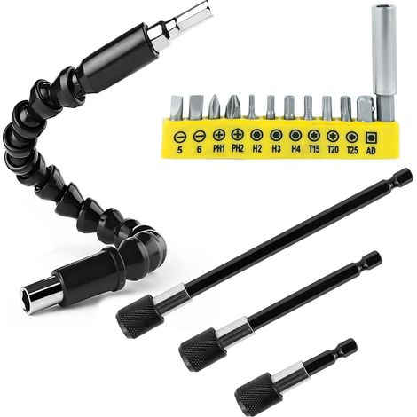 16 Pièces Renvoi D'Angle Visseuse Kit Avec 3 Tiges De Connexion à Capuchon Noir Et Une Tête De Tournevis Courbée Multifonctionnelle Pour Les Perceuses Électriques,Les Garagistes (1/5)