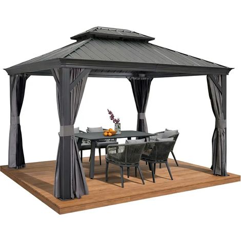PURPLE LEAF 3,65 x 3 m tonnelle de jardin, pergola aluminium extérieure avec moustiquaire et rideaux, hardtop pavillon double toit en acier galvanisé, gris (1/5)