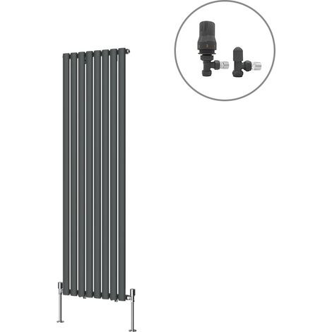 Designer Oval Column Radiator Central Heating Rad Anthracite with Angled Thermostatic Valves Vertical Single 1600x472mm (1/4)