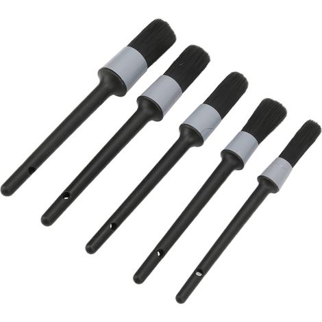 Set de 5 brosses de detailing auto pour nettoyage intérieur extérieur moteur échappement sièges cuir, noir et gris, accessoires de lavage véhicule. (1/5)