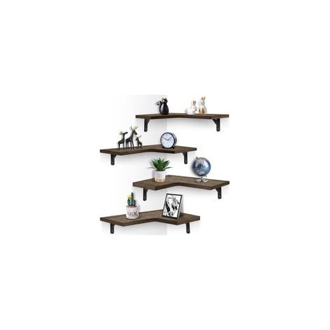 Lot de 4 étagères d’angle flottantes en bois rustique – Design moderne et minimaliste pour chambre, salon, salle de bain, cuisine et bureau (1/5)