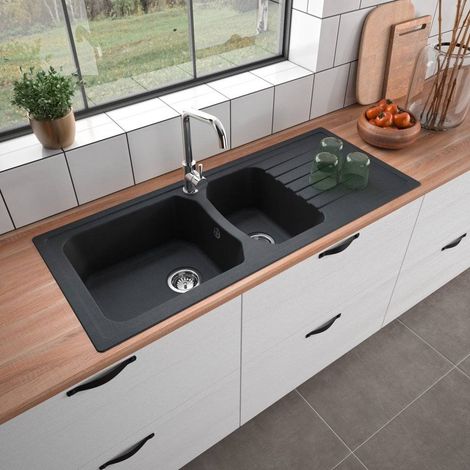 Carea Cuisine & Bain – Évier à encastrer ZIRAL 2 bacs – Carealith® résistant aux chocs et à la chaleur – Dimensions 117x50x20 cm – Livré avec accessoires