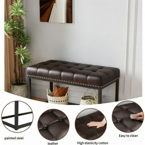 36" Banquette Vintage Capitonnée en Cuir Synthétique Boutonné, Structure Métallique Industrielle Noire pour Salle à Manger, Entrée, Chambre, Salon ou Bout de Lit