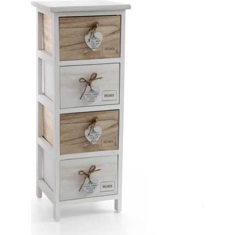 Mueble alto y estrecho con 4 cassetti decorativos en blanco y madera natural, 26 x 32 x 80 cm