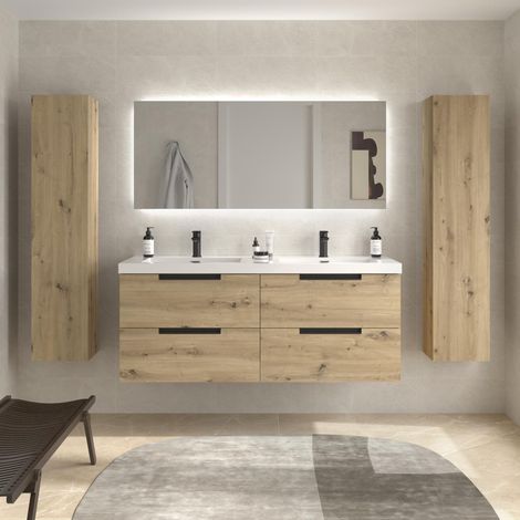Mueble de Baño LENI 140cm Roble 4 cajones Lavabo Toscana 2 pozas Carga Mineral (1/5)