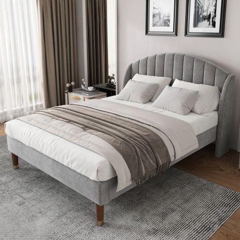 Polsterbett mit Lattenrost und Kopfteil, Jugendbett, Einzelbett, Holzlattenunterstützung, Einfache Montage, Samt