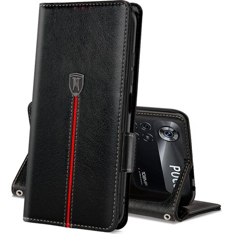 CUSTODIA FLIP PER XIAOMI POCO X4 PRO IN PELLE PU NERA CON STRISCIA ROSSA (1/5)