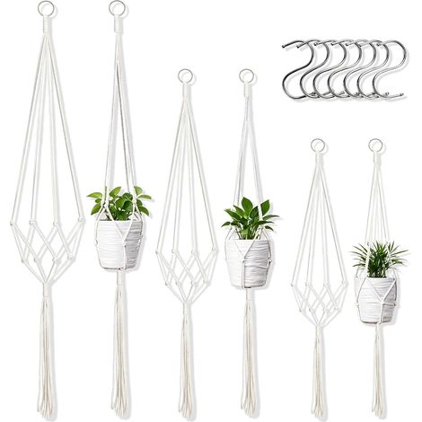 6 Pièces Suspension Plante Intérieur, Blanc 60/80/100 cm Macramé Support Pots, Coton Tressé Paniers Suspendus et Décoration Bohème avec Crochets pour Plafond Balcon Terrasse (1/5)
