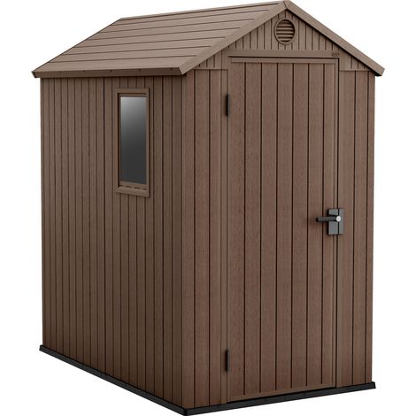Darwin 4x6 - Abri de jardin 125,8x205,10x184,50 cm 1 porte pour rangement d’outils finition effet bois Evotech+ en résine marron (1/5)