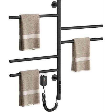 Electric Towel Warmer with 5 Bars, 180° Rotating Heated Towel Rail, 82W, 42 x 66cm, Wall-Mounted Electric Towel Warmer with Thermostat (45-70°C), Timer, and LED Display, Black (1/4)
