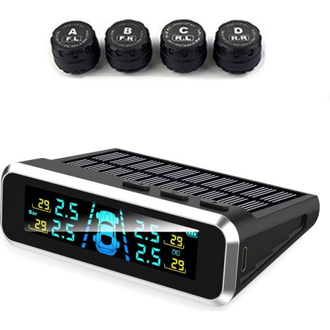 Sistema di monitoraggio della pressione degli pneumatici con manometro a energia solare, quattro sensori, schermo LCD a colori e avvisatore acustico. (1/3)