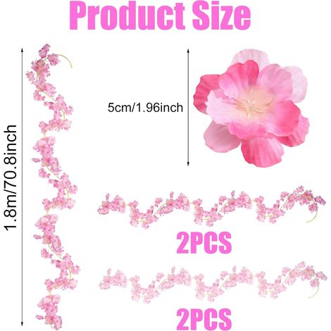 4 pièces de couronnes de fleurs artificielles de 1,8 mètres pour la décoration extérieure, couronnes de fleurs artificielles avec fleurs de cerisier, adaptées comme décoration pour les mariages, les f